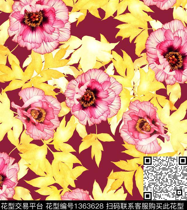 手绘花卉poppy玉兰花数码印花华亿平台下载（图片编号: 1363628） - 瓦栏（Walan）