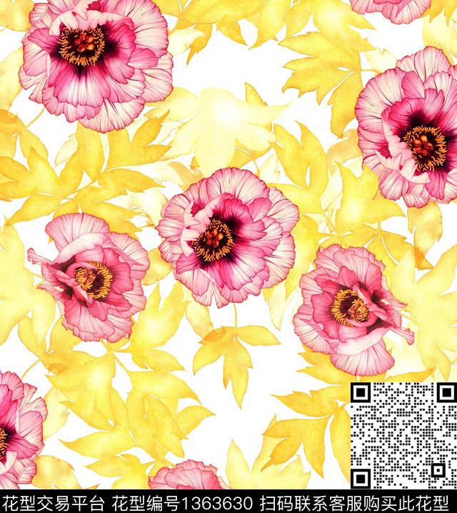 大牌风郁金香手绘花卉数码印花华亿平台下载（图片编号: 1363630） - 瓦栏（Walan）
