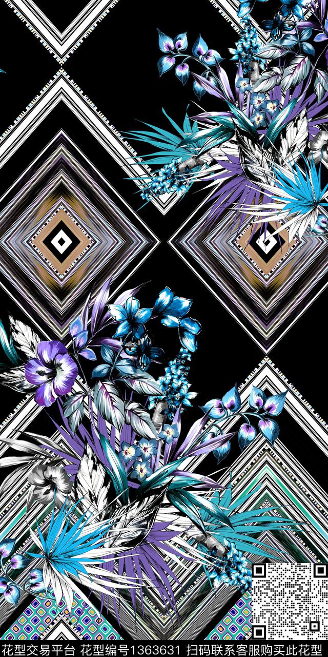 几何花卉定位花数码印花华亿平台下载（图片编号: 1363631） - 瓦栏（Walan）