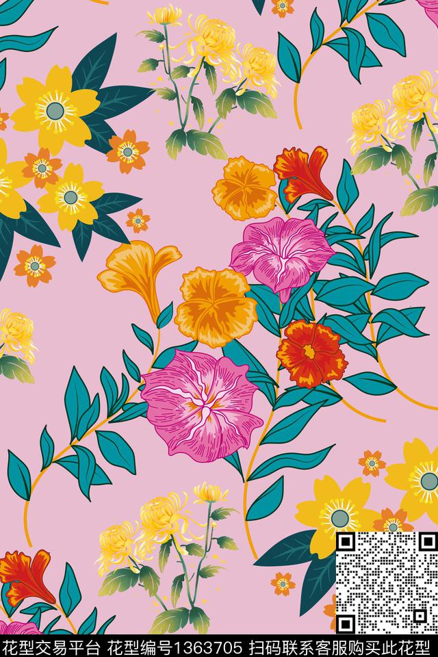 花卉植物手绘传统印花华亿平台下载（图片编号: 1363705） - 瓦栏（Walan）