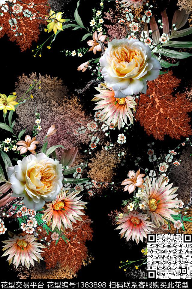 花卉大牌风抽象数码印花华亿平台下载（图片编号: 1363898） - 瓦栏（Walan）