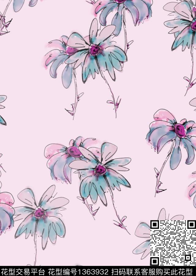 趋势华亿平台水彩小雏菊数码印花华亿平台下载（图片编号: 1363932） - 瓦栏（Walan）