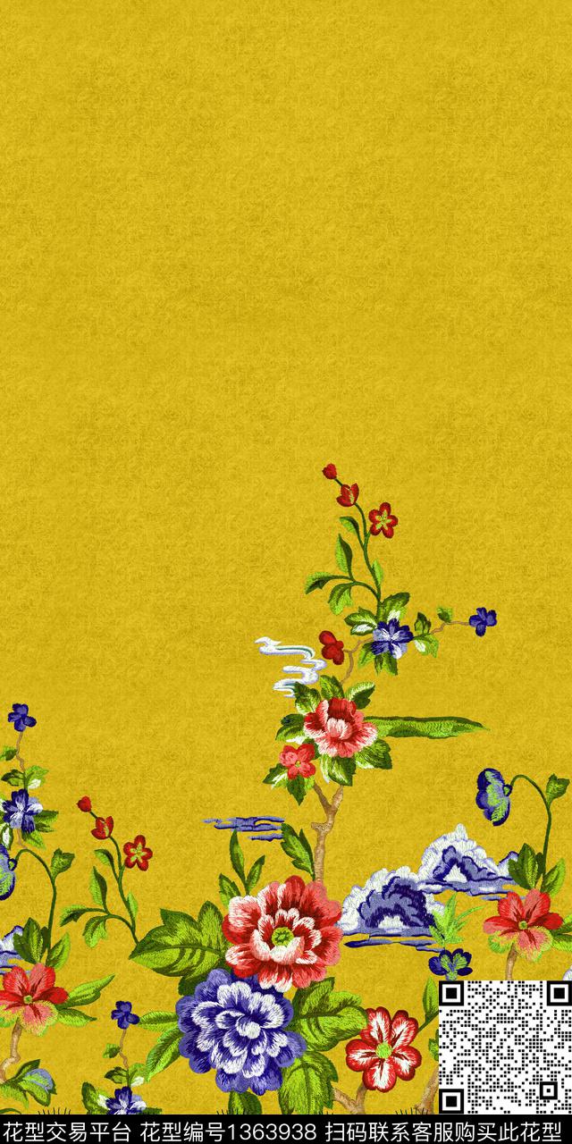 刺绣花卉真丝印花中国风定位花数码印花华亿平台下载（图片编号: 1363938） - 瓦栏（Walan）