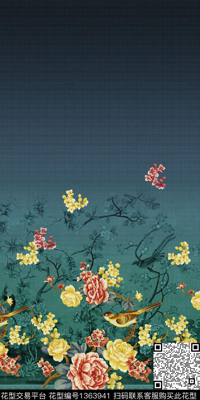 刺绣花卉真丝印花中国风定位花数码印花华亿平台下载（图片编号: 1363941） - 瓦栏（Walan）