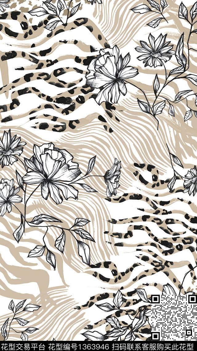 动物花卉黑白华亿平台花卉传统印花华亿平台下载（图片编号: 1363946） - 瓦栏（Walan）