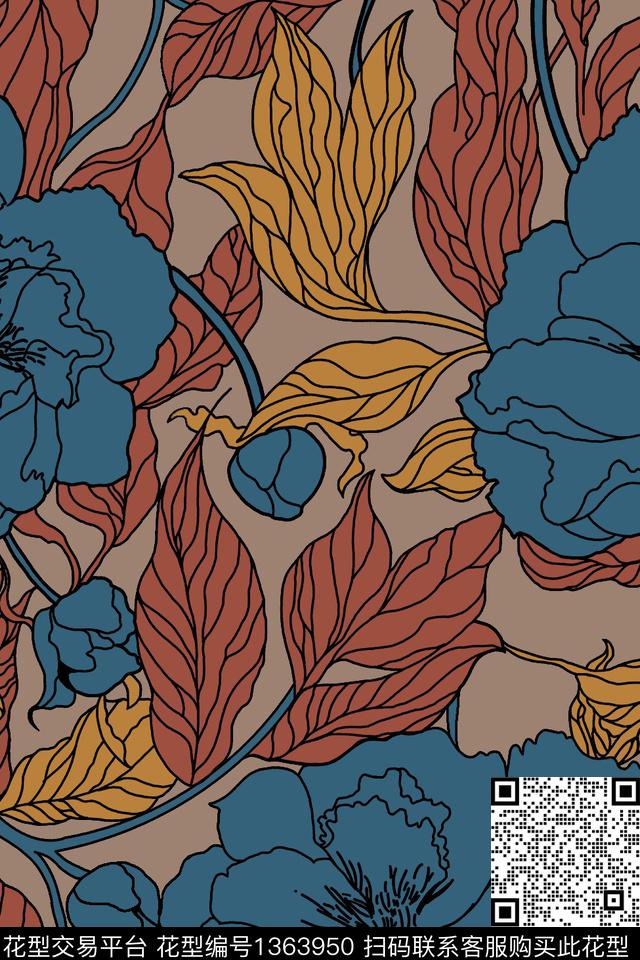 复古花卉线条花卉传统印花华亿平台下载（图片编号: 1363950） - 瓦栏（Walan）
