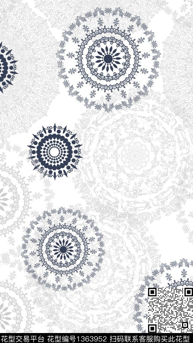 几何黑白华亿平台黑底花卉传统印花华亿平台下载（图片编号: 1363952） - 瓦栏（Walan）