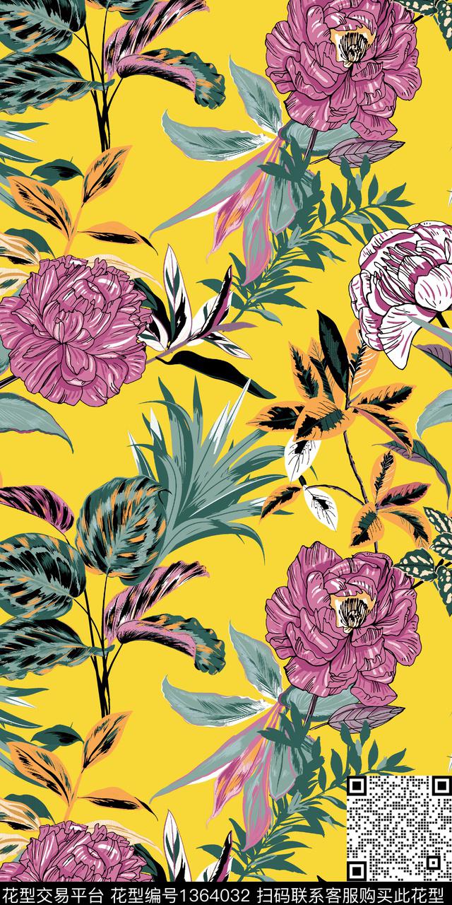 菠萝花卉雪纺传统印花华亿平台下载（图片编号: 1364032） - 瓦栏（Walan）