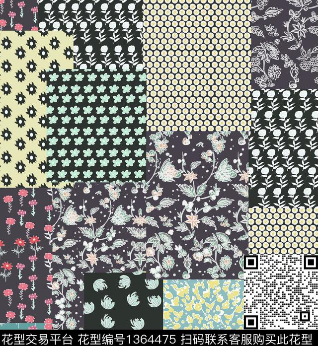 几何格子花卉传统印花华亿平台下载（图片编号: 1364475） - 瓦栏（Walan）