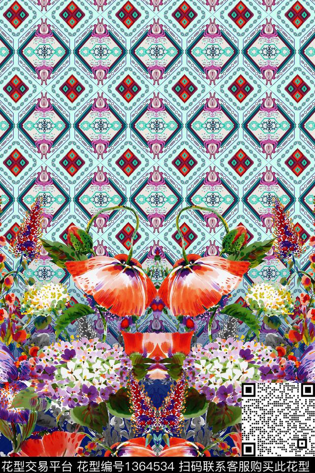 几何花卉定位花数码印花华亿平台下载（图片编号: 1364534） - 瓦栏（Walan）