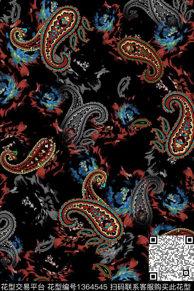 民族风黑底花卉佩斯利数码印花华亿平台下载（图片编号: 1364545） - 瓦栏（Walan）