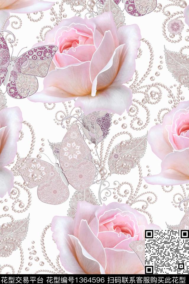 蝴蝶玫瑰花珍珠数码印花华亿平台下载（图片编号: 1364596） - 瓦栏（Walan）