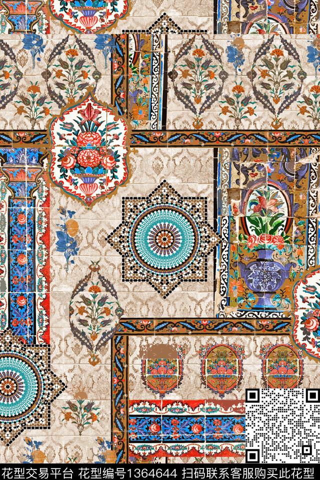 几何印度边框数码印花华亿平台下载（图片编号: 1364644） - 瓦栏（Walan）