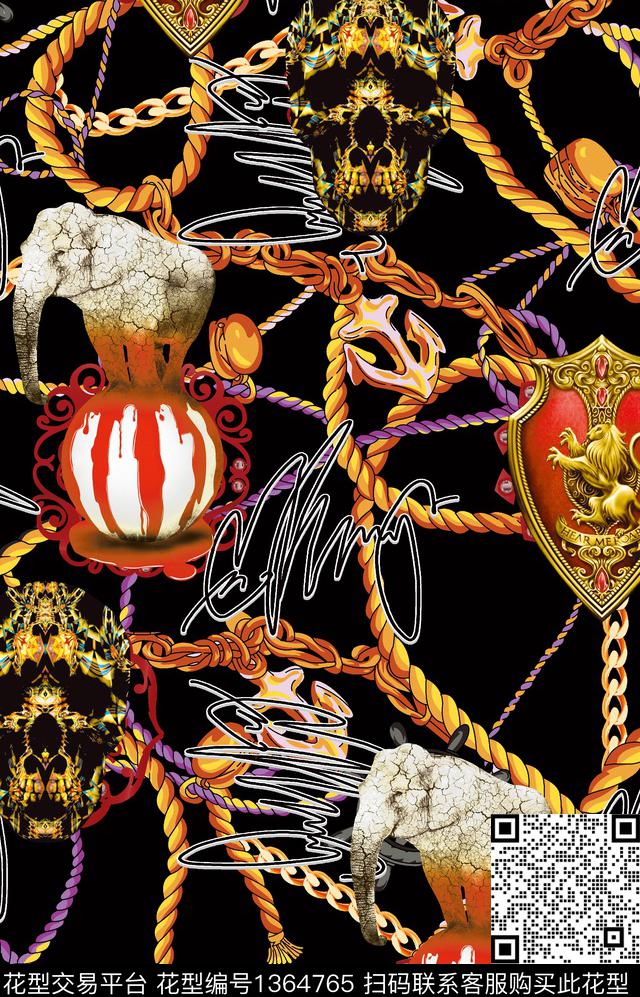 大象骷髅链条数码印花华亿平台下载（图片编号: 1364765） - 瓦栏（Walan）