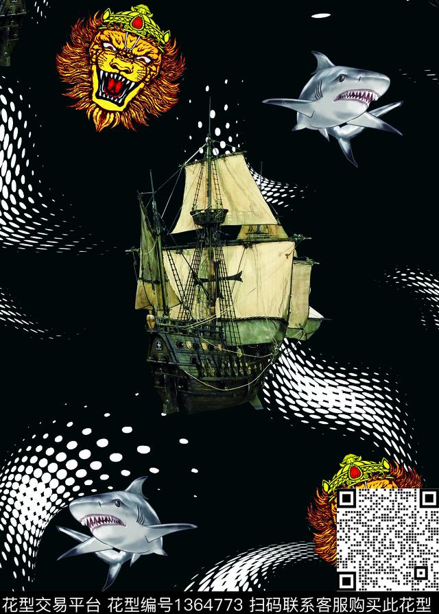 帆船鲨鱼抽象男装数码印花华亿平台下载（图片编号: 1364773） - 瓦栏（Walan）
