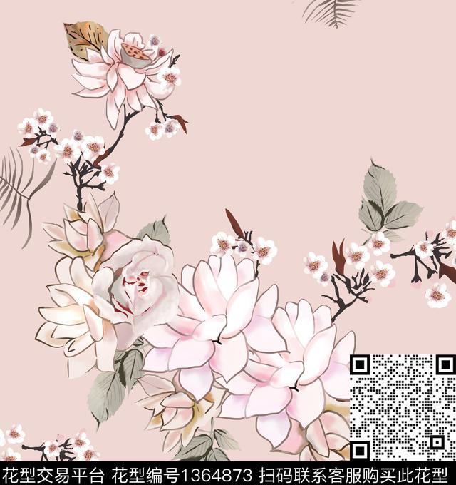 玉兰花数码华亿平台清爽底花卉数码印花华亿平台下载（图片编号: 1364873） - 瓦栏（Walan）