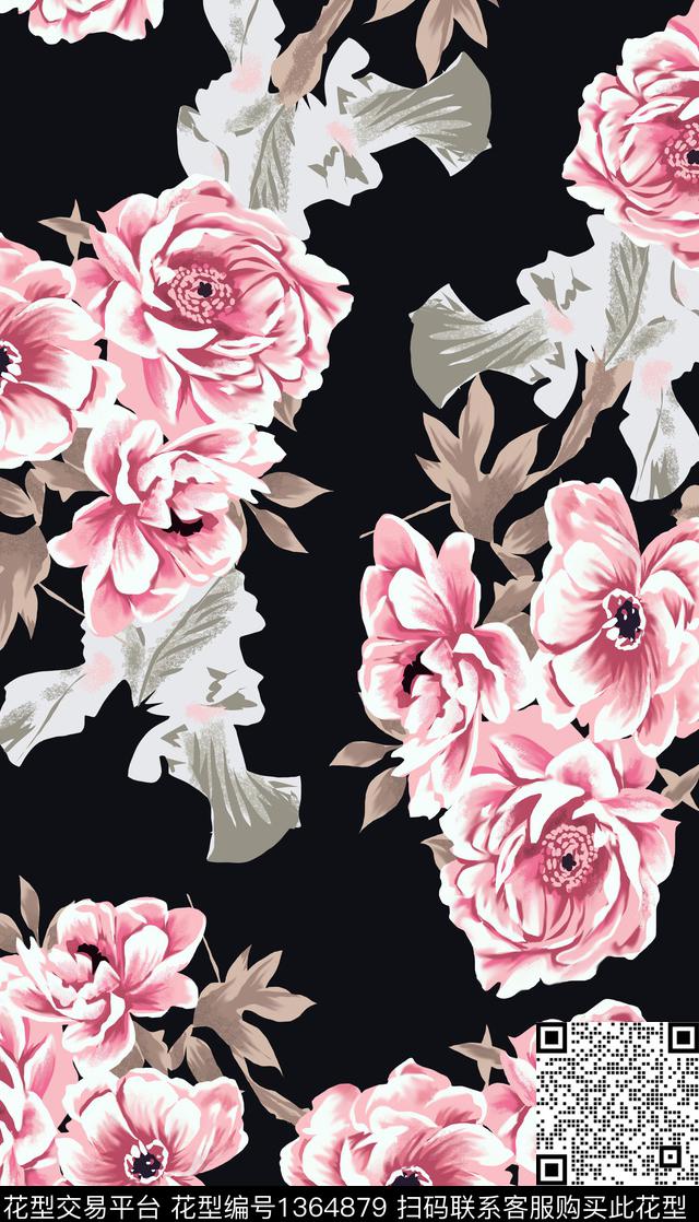 清爽底花卉大牌风手绘玫瑰传统印花华亿平台下载（图片编号: 1364879） - 瓦栏（Walan）
