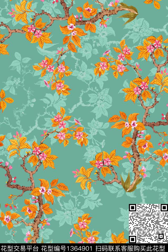 绿植树叶花卉大牌风数码印花华亿平台下载（图片编号: 1364901） - 瓦栏（Walan）