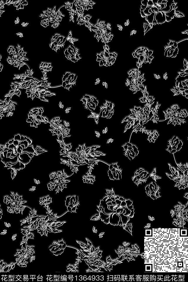 黑白华亿平台花卉花瓣传统印花华亿平台下载（图片编号: 1364933） - 瓦栏（Walan）