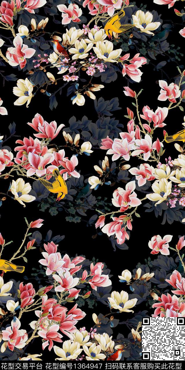 玉兰花花鸟花卉数码印花华亿平台下载（图片编号: 1364947） - 瓦栏（Walan）