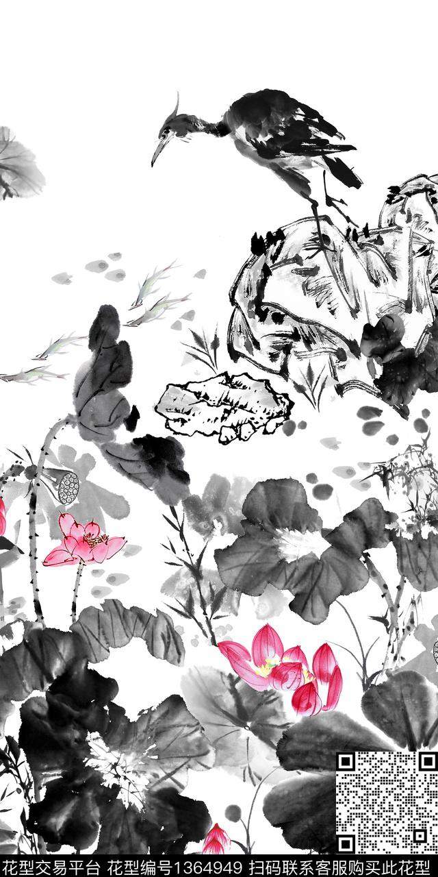 花鸟水墨风荷花数码印花华亿平台下载（图片编号: 1364949） - 瓦栏（Walan）