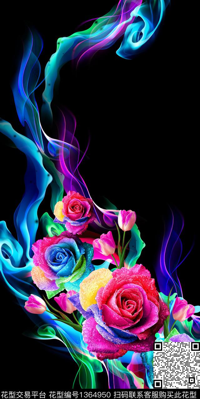 花卉定位花黑底花卉数码印花华亿平台下载（图片编号: 1364950） - 瓦栏（Walan）