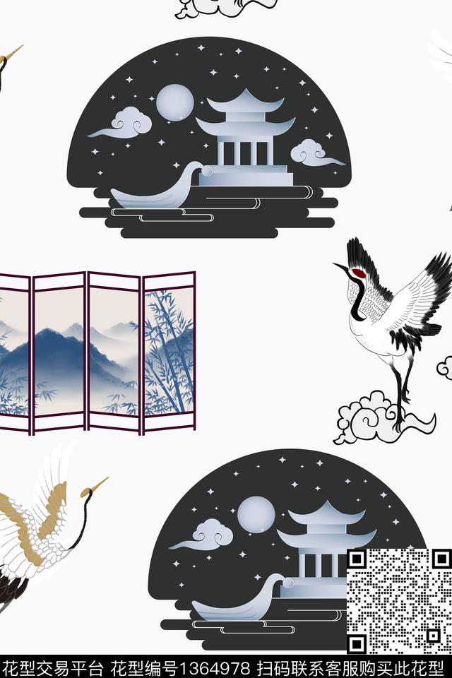 风景景观飞鹤仙鹤中国风数码印花华亿平台下载（图片编号: 1364978） - 瓦栏（Walan）