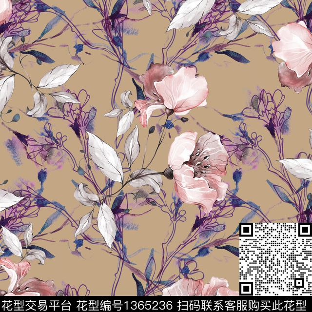 花卉大牌风手绘数码印花华亿平台下载（图片编号: 1365236） - 瓦栏（Walan）