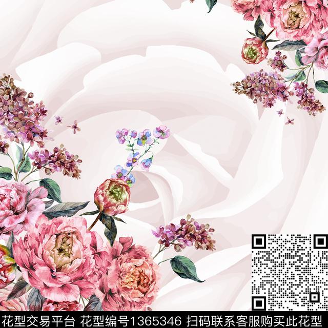 方巾手绘花卉手绘大花数码印花华亿平台下载（图片编号: 1365346） - 瓦栏（Walan）