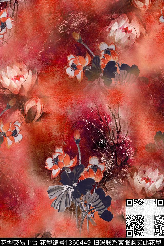 荷花香云纱中国风数码印花华亿平台下载（图片编号: 1365449） - 瓦栏（Walan）