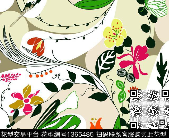 几何绿植树叶花卉传统印花华亿平台下载（图片编号: 1365485） - 瓦栏（Walan）