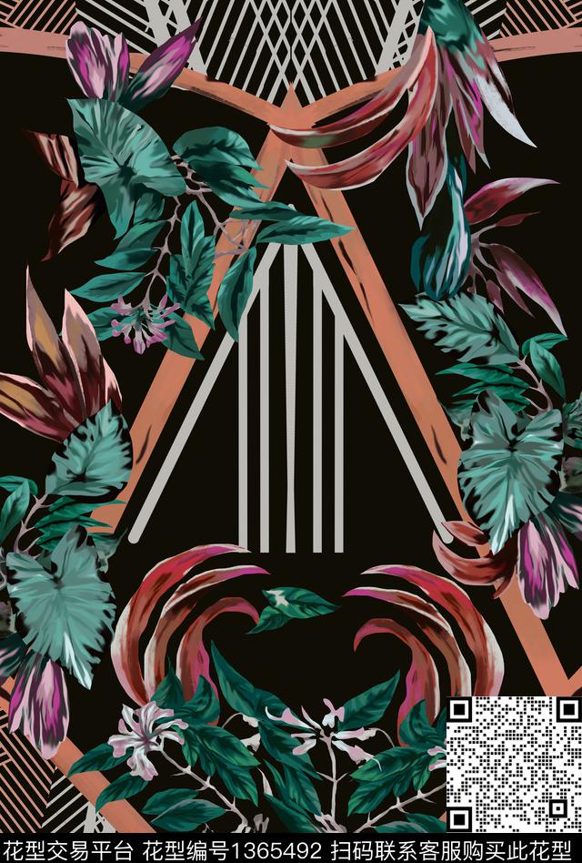 绿植树叶数码定位花对称花数码印花华亿平台下载（图片编号: 1365492） - 瓦栏（Walan）