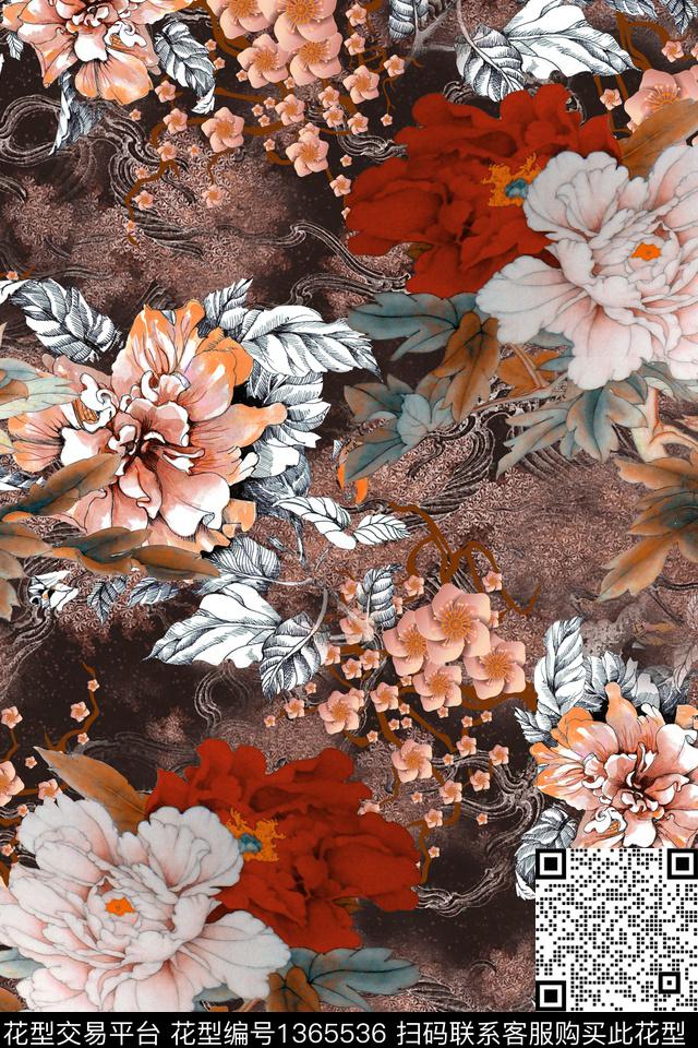 香云纱大花中国风数码印花华亿平台下载（图片编号: 1365536） - 瓦栏（Walan）