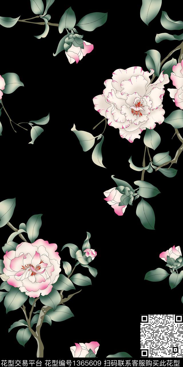 黑底花卉绿植树叶复古传统印花华亿平台下载（图片编号: 1365609） - 瓦栏（Walan）