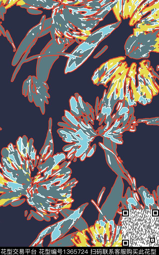 绿植树叶紫藤花男装传统印花华亿平台下载（图片编号: 1365724） - 瓦栏（Walan）