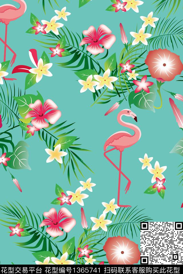花卉火烈鸟小清新数码印花华亿平台下载（图片编号: 1365741） - 瓦栏（Walan）
