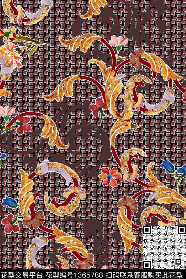 卷草格子休闲数码印花华亿平台下载（图片编号: 1365788） - 瓦栏（Walan）