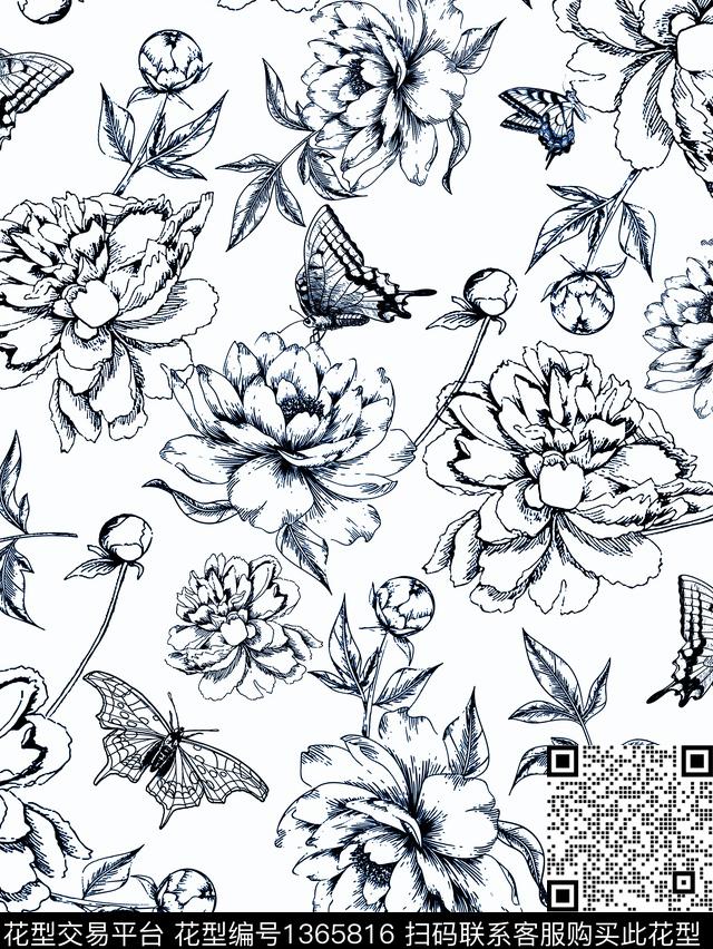 花卉蝴蝶时尚风格化花卉数码印花华亿平台下载（图片编号: 1365816） - 瓦栏（Walan）