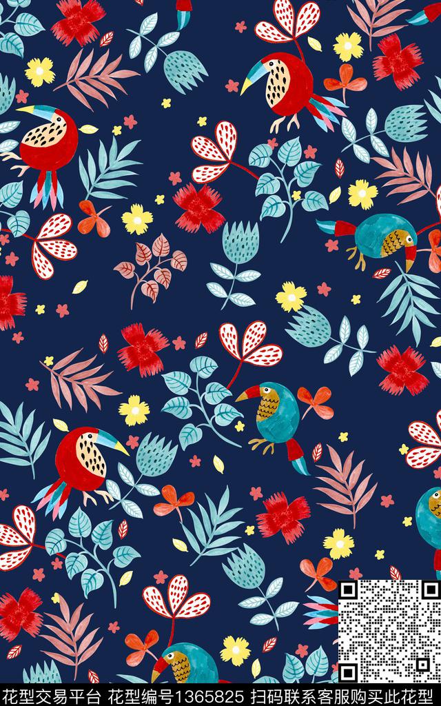 写意鸟花卉数码印花华亿平台下载（图片编号: 1365825） - 瓦栏（Walan）