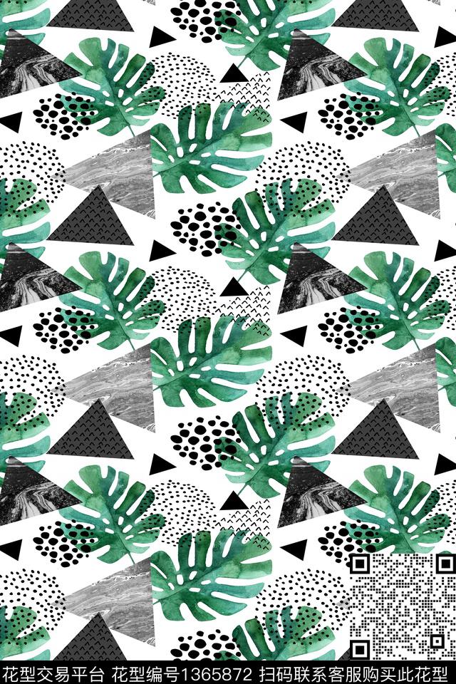 时尚几何绿植树叶数码印花华亿平台下载（图片编号: 1365872） - 瓦栏（Walan）