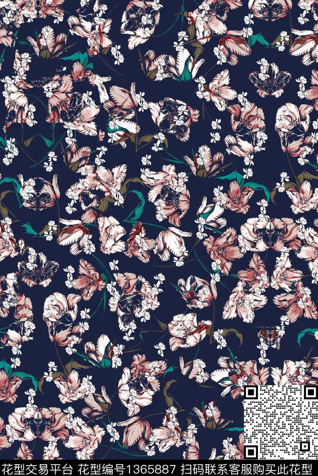 复古花卉蝴蝶兰数码印花华亿平台下载（图片编号: 1365887） - 瓦栏（Walan）