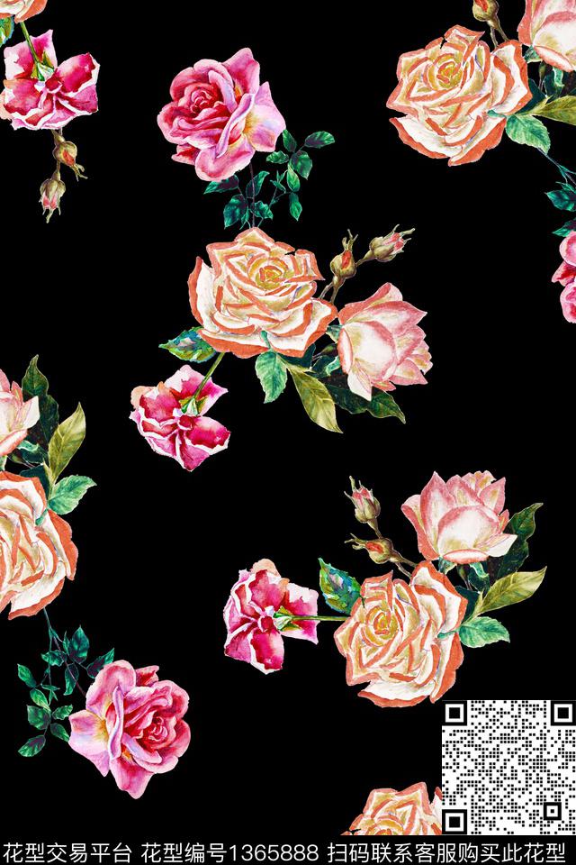 清爽底花卉花卉手绘花卉数码印花华亿平台下载（图片编号: 1365888） - 瓦栏（Walan）