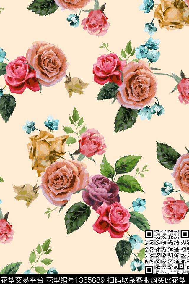 花卉手绘花卉手绘大花数码印花华亿平台下载（图片编号: 1365889） - 瓦栏（Walan）