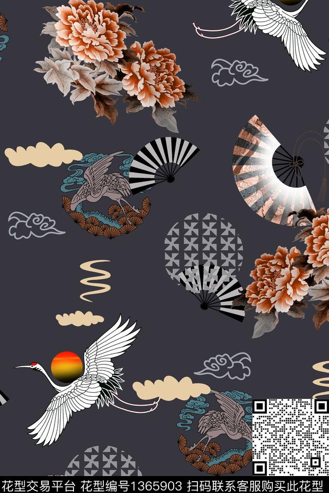 扇子仙鹤中老年数码印花华亿平台下载（图片编号: 1365903） - 瓦栏（Walan）