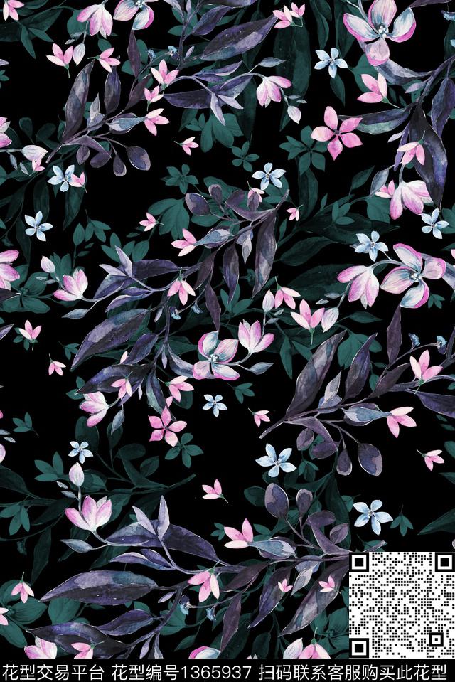 黑底花卉水彩休闲数码印花华亿平台下载（图片编号: 1365937） - 瓦栏（Walan）