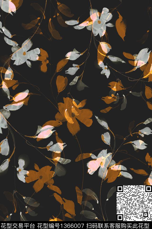 黑底花卉大牌风休闲数码印花华亿平台下载（图片编号: 1366007） - 瓦栏（Walan）