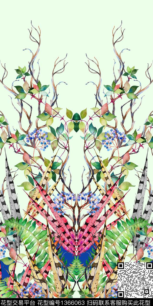 羽毛绿植树叶定位花数码印花华亿平台下载（图片编号: 1366063） - 瓦栏（Walan）