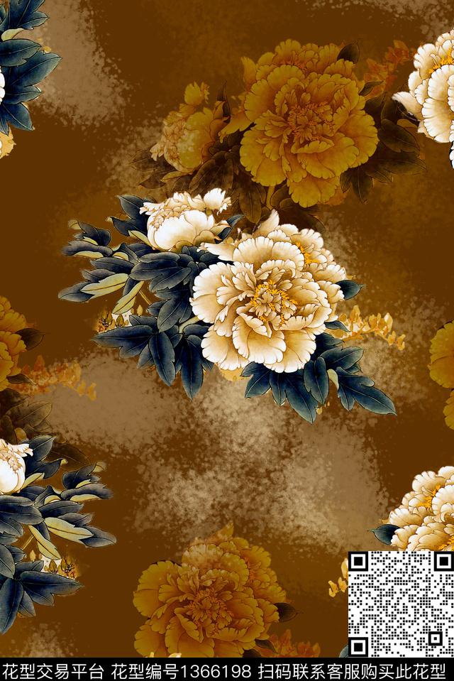 复古花卉旗袍数码印花华亿平台下载（图片编号: 1366198） - 瓦栏（Walan）