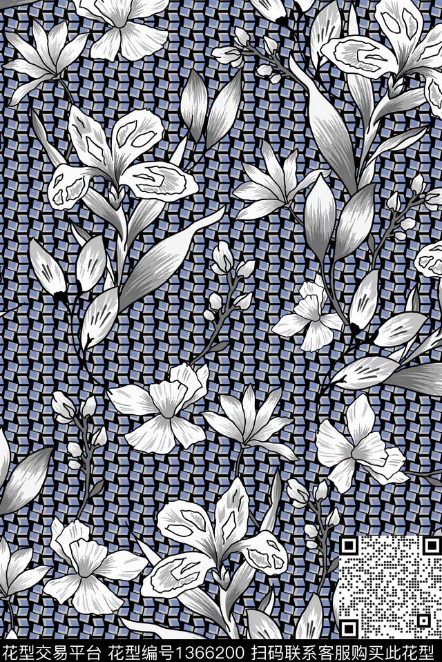 几何格子花卉传统印花华亿平台下载（图片编号: 1366200） - 瓦栏（Walan）