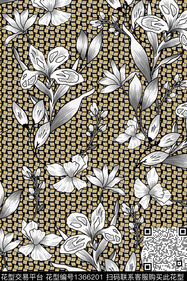 几何格子花卉数码印花华亿平台下载（图片编号: 1366201） - 瓦栏（Walan）